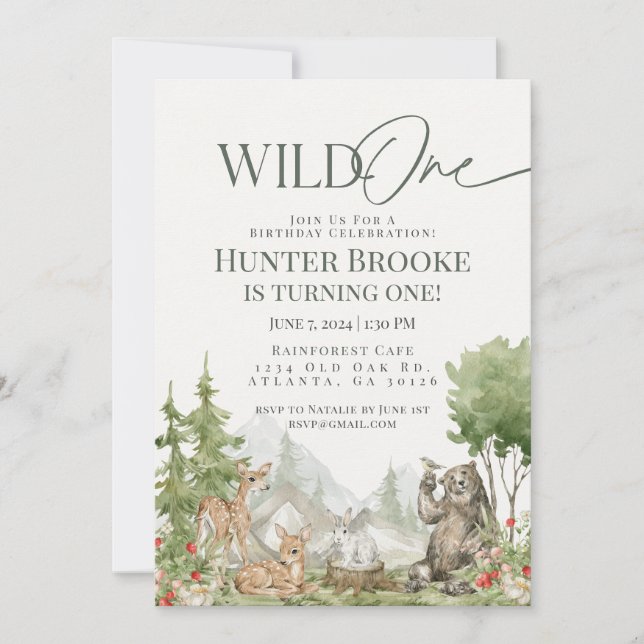Invitation Wild One Woodland Animaux 1er Anniversaire Invitat (Devant)