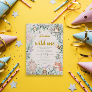 Invitation Wild One Woodland Animaux 1er anniversaire Invitat