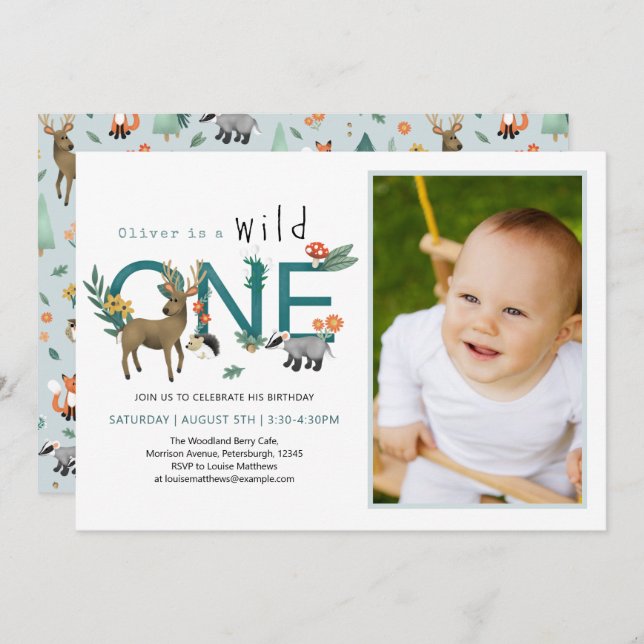 Invitation Wild One Woodland Animaux 1er Anniversaire Photo (Devant / Derrière)