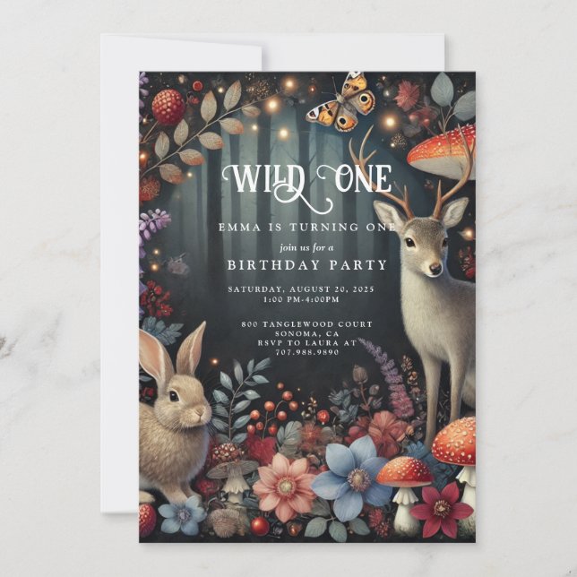 Invitation Wild One Woodland Animaux Fille 1er anniversaire (Devant)