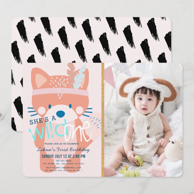 Invitation Wild One Woodland Fox Girl Photo rose 1er annivers (Devant / Derrière)