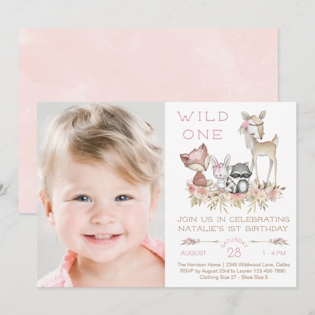 Invitation Wild One Woodland Girl Photo Fête d'anniversaire (Devant / Derrière)