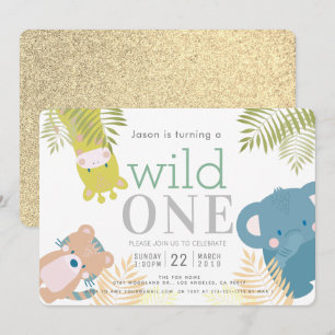 Invitation Wild One Zoo Animaux Eléphant Gold 1er anniversair