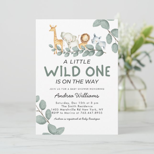 Invitation Wild One Zoo Animaux Neutre Baby shower de genre (Debout devant)
