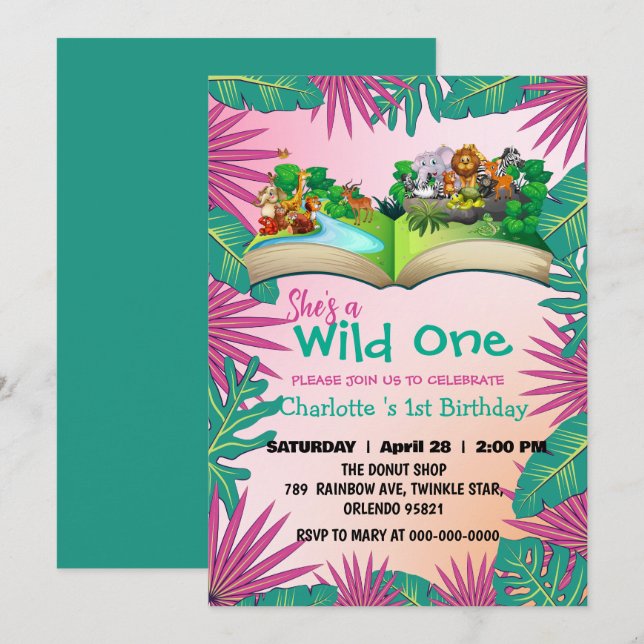 Invitation Wild One Zoo jungle 1st Animaux Réserver Enfants d (Devant / Derrière)