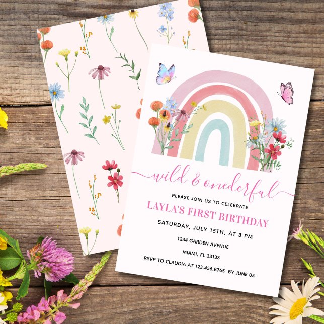 Invitation Wild & Onedering Fleur sauvage Rainbow 1er anniver (Elegant rainbow wildflower 1st birthday invite with butterflies for baby girl, editable text.)