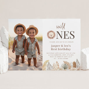 Invitation Wild Ones Twins Feuilles neutres - Photo Anniversa