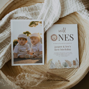 Invitation Wild Ones Twins Feuilles neutres - Photo Anniversa