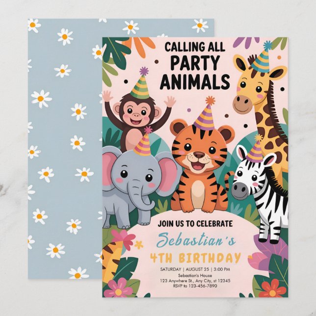 Invitation Wild Safari Animals Birthday (Devant / Derrière)