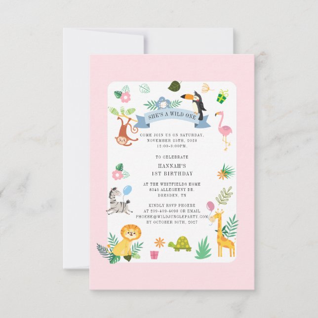 Invitation Wild Safari Animaux Fille 1er anniversaire Jungle  (Devant)