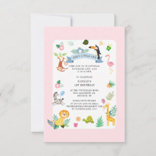 Invitation Wild Safari Animaux Fille 1er anniversaire Jungle