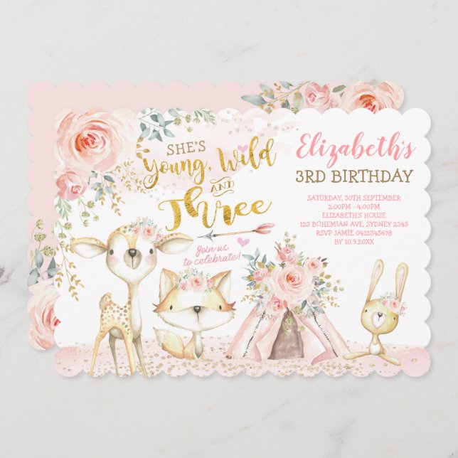 Invitation Wild & Three Tribal Woodland Animaux 3e anniversai (Devant / Derrière)