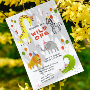 Invitation Wild Un 1er anniversaire Safari Animaux mignonette