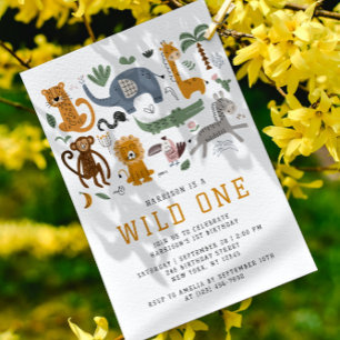 Invitation Wild Un 1er anniversaire Safari Animaux mignons En
