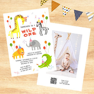 Invitation Wild Un 1er Anniversaire Safari Animaux mignons Ph