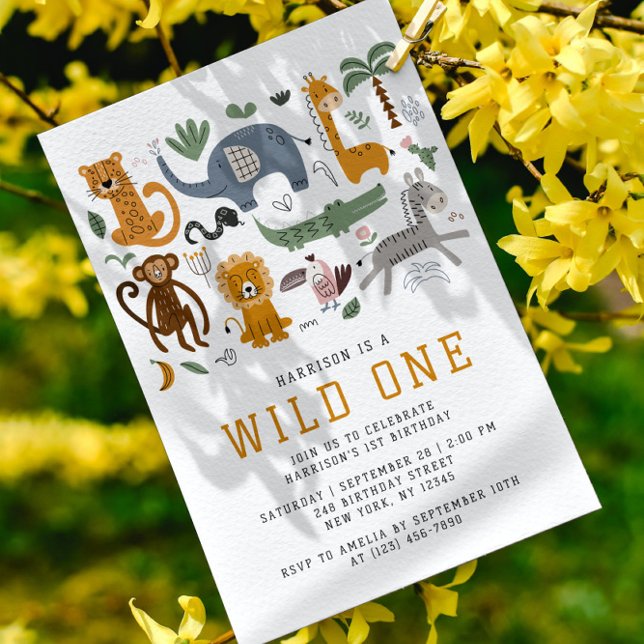 Invitation Wild Un 1er Anniversaire Safari Animaux mignons Ph (Créateur téléchargé)