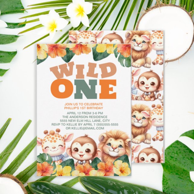 Invitation Wild Un 1er anniversaire Safari Lion Giraffe Monke (Cute "Wild One" safari animal 1st birthday party invitation.)