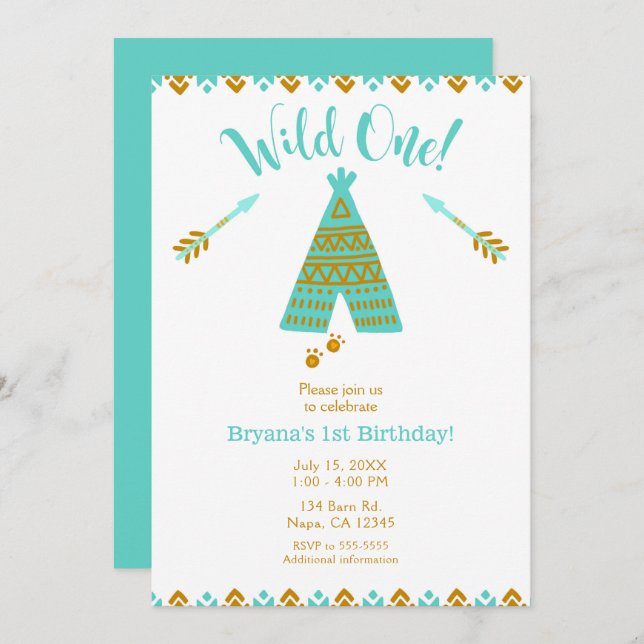 Invitation Wild Un 1er anniversaire Turquoise & Gold Tepee Pa (Devant / Derrière)