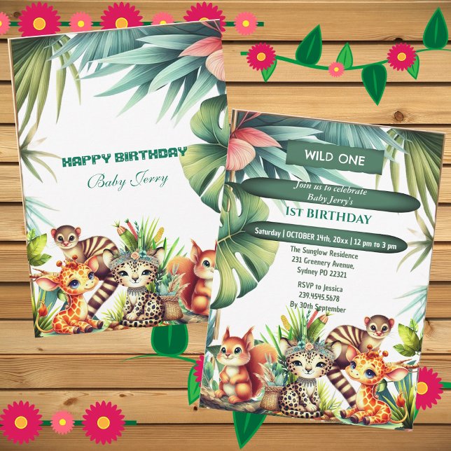 Invitation Wild Un Anniversaire Jungle Safari Tropical Green (Wild One Birthday Jungle Safari Tropical Greenery Invitation)