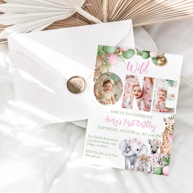 Invitation Wild Un Anniversaire Rose Girl Safari animal photo (Créateur téléchargé)