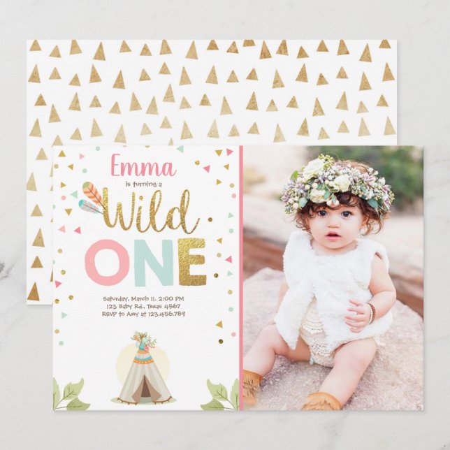 Invitation Wild Un Anniversaire Teepee Boho Tribal Rose Girl (Devant / Derrière)