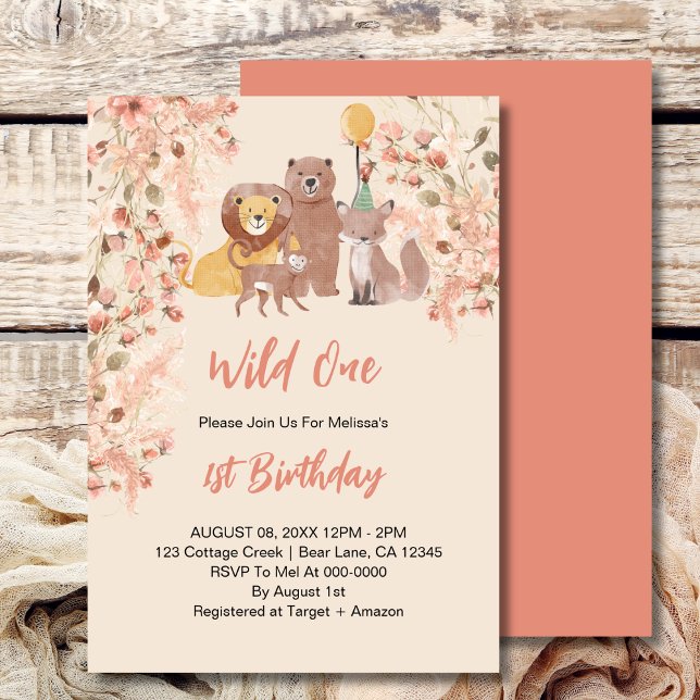 Invitation Wild Un premier anniversaire Boho Safari rose Blus (Créateur téléchargé)