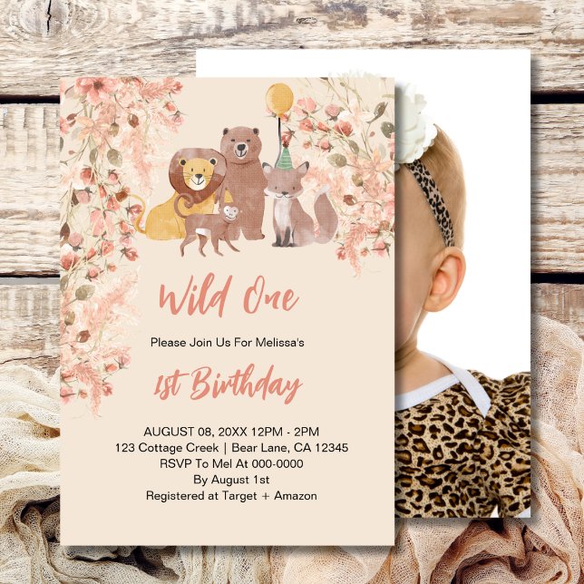 Invitation Wild Un premier anniversaire Boho Safari rose Blus (Créateur téléchargé)