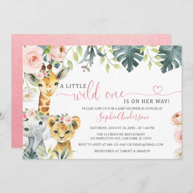 Invitation Wild un safari jungle animaux fille baby shower da (Devant / Derrière)