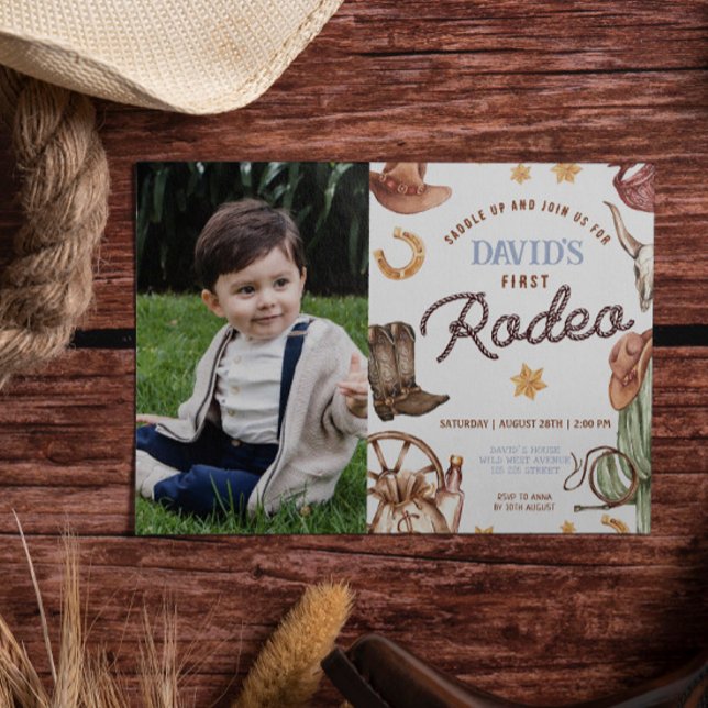 Invitation Wild West Premier rodéo Boy 1er anniversaire Photo (Boy 1st Birthday Cowboy Wild West Printable Digital Download Invitations template)