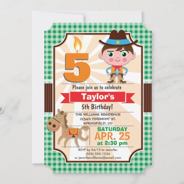 Invitation Wild West Sheriff Boy ; fête d'anniversaire verte (Devant)