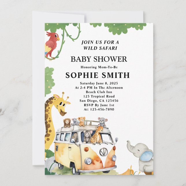 Invitation Wild Wheels Safari Animal Camper Van Baby shower (Devant)