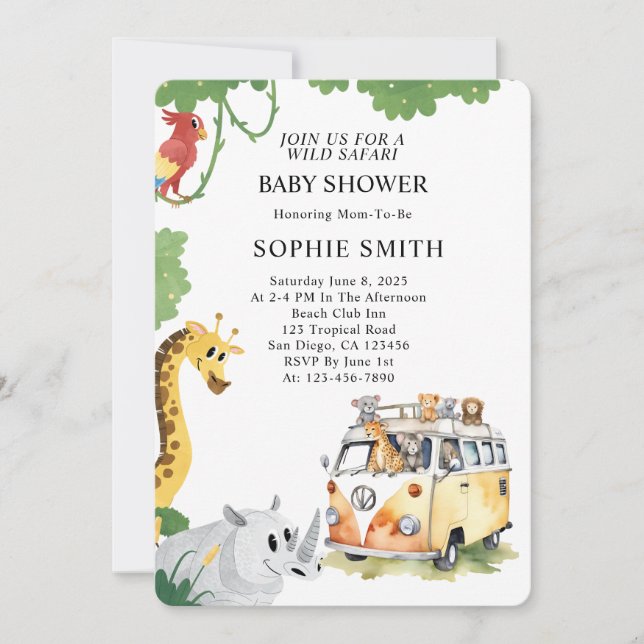 Invitation Wild Wheels Safari Animal Camper Van Baby shower (Devant)