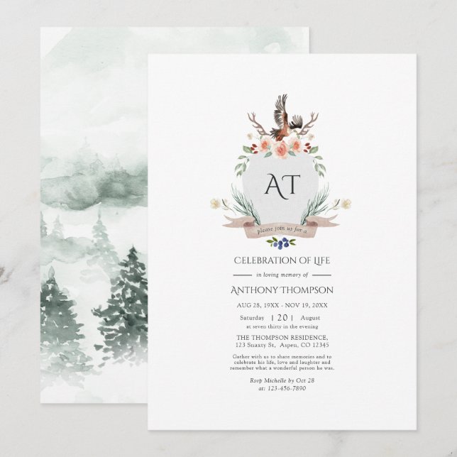Invitation Wild Woodland Laurel Crest Celebration of Life Inv (Devant / Derrière)