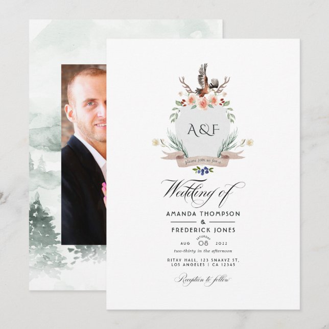 Invitation Wild Woodland Laurel Crest Mariage Photo (Devant / Derrière)