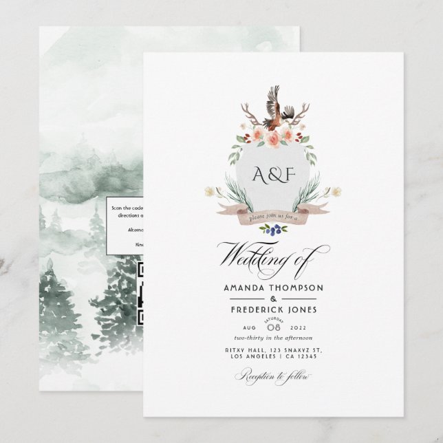 Invitation Wild Woodland Laurel Crest QR Code RSVP Mariage (Devant / Derrière)