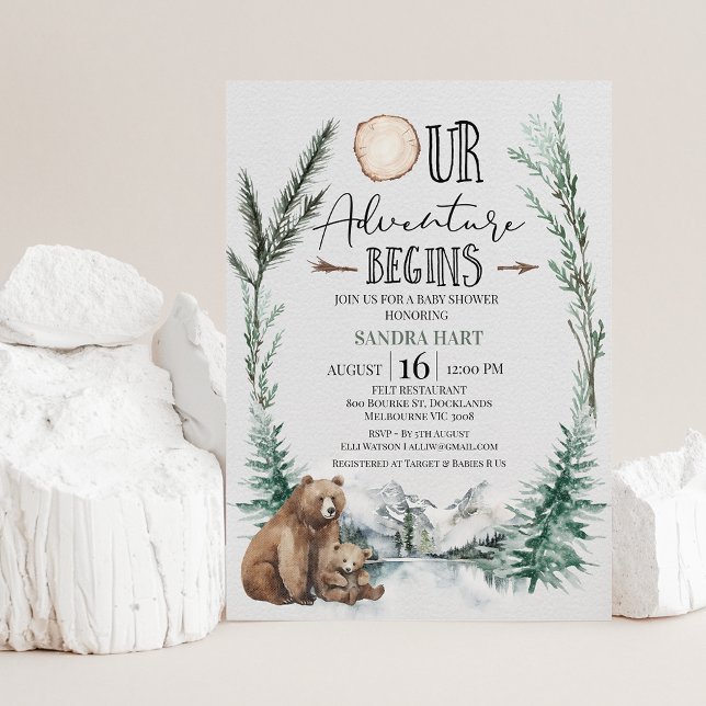 Invitation Wilderness Adventure commence Bear Cub Baby shower (Our adventure begins wilderness themed baby shower invitation featuring a bear and cub.)