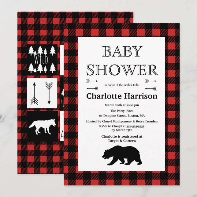 Invitation Wilderness rustique & Animaux Plaid Baby shower (Devant / Derrière)