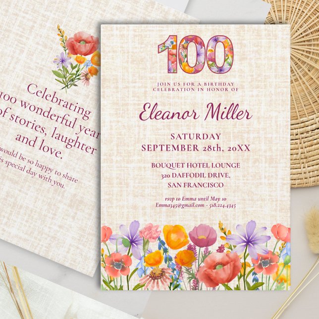 Invitation Wildflower 100th Birthday Party - Floral Number (Créateur téléchargé)