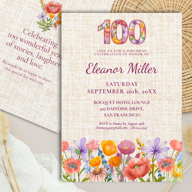 Invitation Wildflower 100th Birthday Party - Floral Number (Créateur téléchargé)