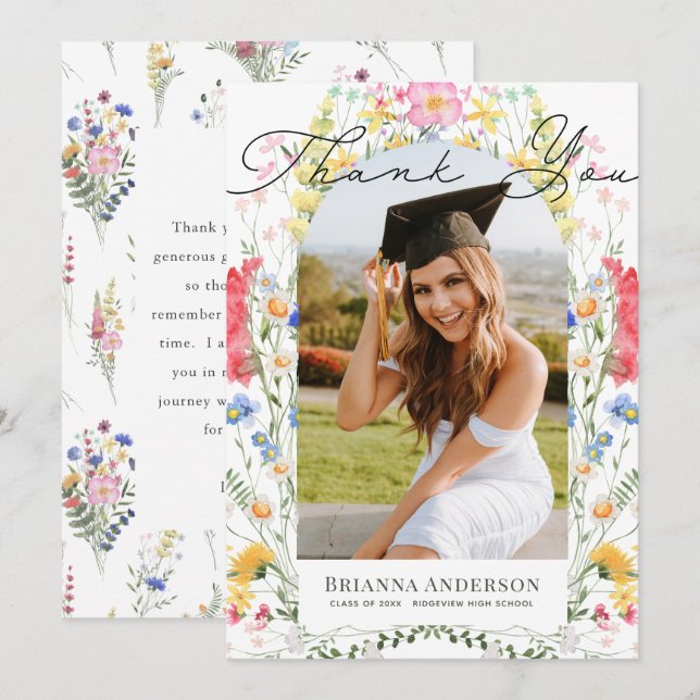 Invitation Wildflower Arch Photo Graduation Thank You Card (Devant / Derrière)