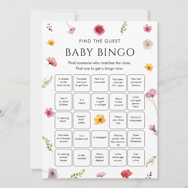 Invitation Wildflower Baby Shower Find the Guest Bingo Game  (Devant)