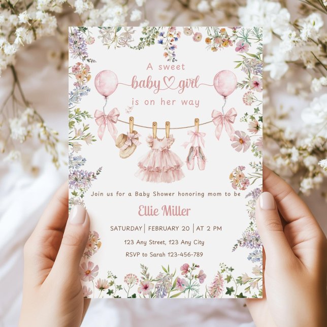 Invitation Wildflower Baby Shower Invitation, Pink Bow Floral (Créateur téléchargé)