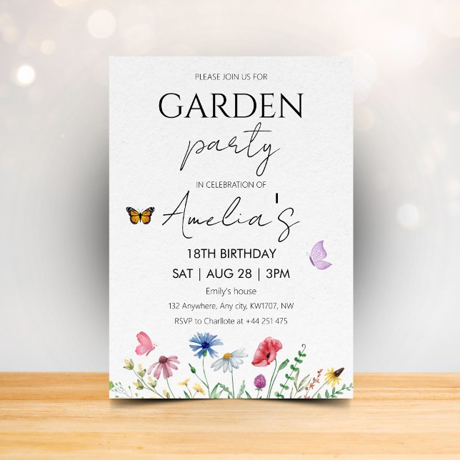Invitation Wildflower Birthday Garden Party Pink Butterflies (Créateur téléchargé)