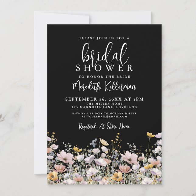 Invitation Wildflower Black Floral Bridal Shower (Devant)