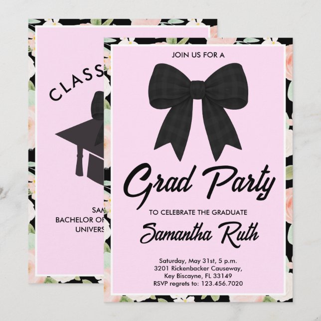 Invitation Wildflower Black Gingham Bow Graduation Party (Devant / Derrière)