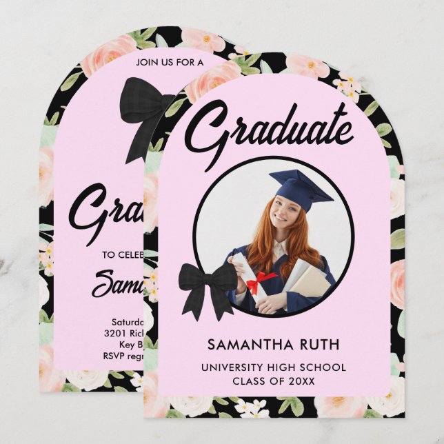 Invitation Wildflower Black Gingham Bow Photo Graduation (Devant / Derrière)