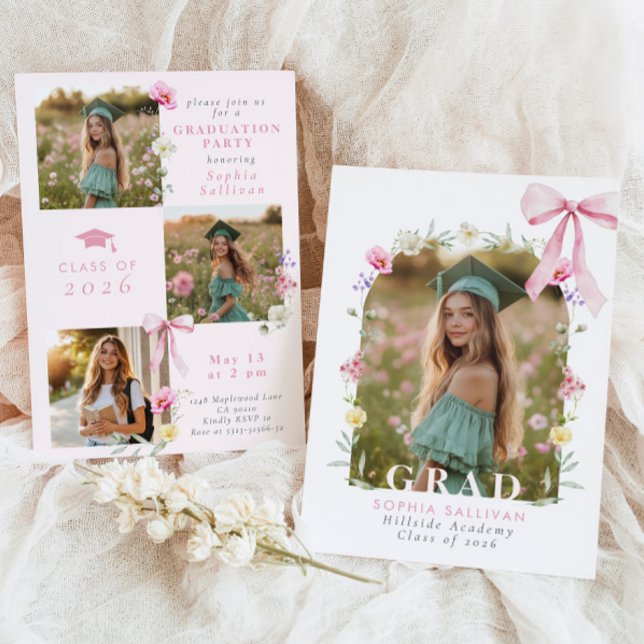 Invitation Wildflower Bow Graduation party Photo Collage (Créateur téléchargé)