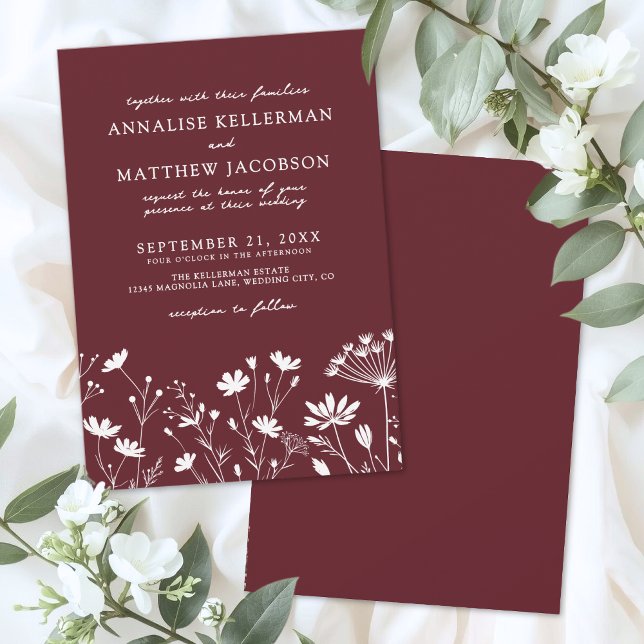 Invitation Wildflower Burgundy Wedding (Wildflower Burgundy Wedding Invitation)