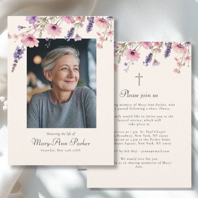 Invitation Wildflower "Celebration of Life" Photo Funeral  (Wildflower "Celebration of Life" Photo Funeral Beige Purple Pink Invitation)