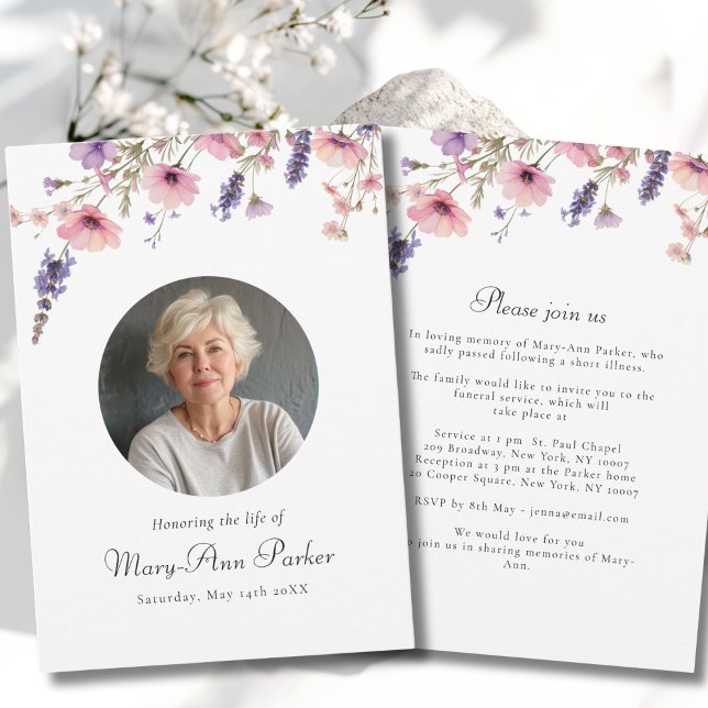 Invitation Wildflower "Celebration of Life" Photo Funeral  (Wildflower "Celebration of Life" Photo Funeral Purple Pink Green White Invitation)
